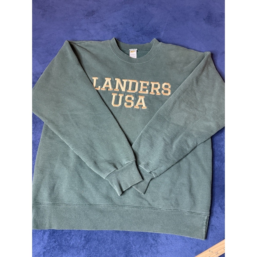 Vtg Landers USA Green Embroidered Crewneck Sweater Mens Medium 100% Cotton